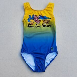 Shining Star Sportswear Peace Love Ukraine Yellow and Blue Ombre Leotard Size CL
